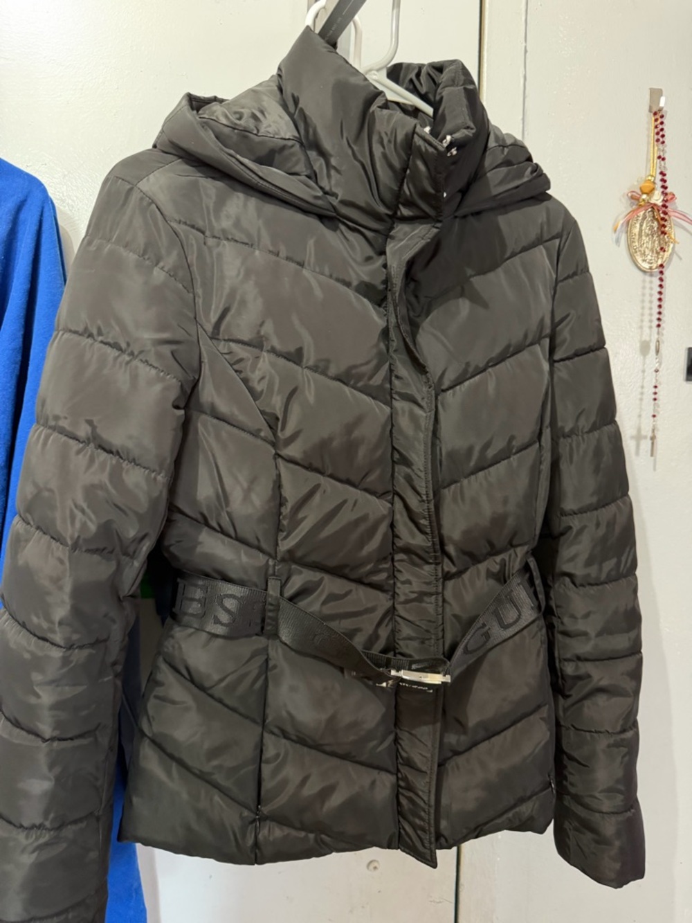 Guess Black Quilted Hooded Belted Puffer Jacket